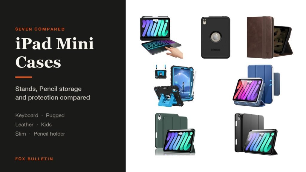 iPad Mini Cases headline beside a lineup of seven cases for the mini 7 and mini 6: ESR Rebound, OtterBox Defender, typecase keyboard case, ProCase with pencil holder, Fintie kids case, TORRO leather folio and a JETech trifold