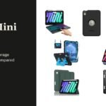iPad Mini Cases headline beside a lineup of seven cases for the mini 7 and mini 6: ESR Rebound, OtterBox Defender, typecase keyboard case, ProCase with pencil holder, Fintie kids case, TORRO leather folio and a JETech trifold