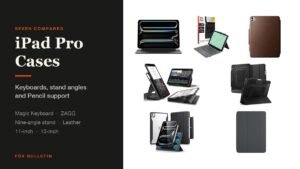 iPad Pro Cases headline beside seven cases: Apple Smart Folio, Apple Magic Keyboard, ZAGG Pro Keys Connect, ESR Rebound 360, Spigen Rugged Armor Pro, NOMAD leather folio and an ESR nine-angle stand