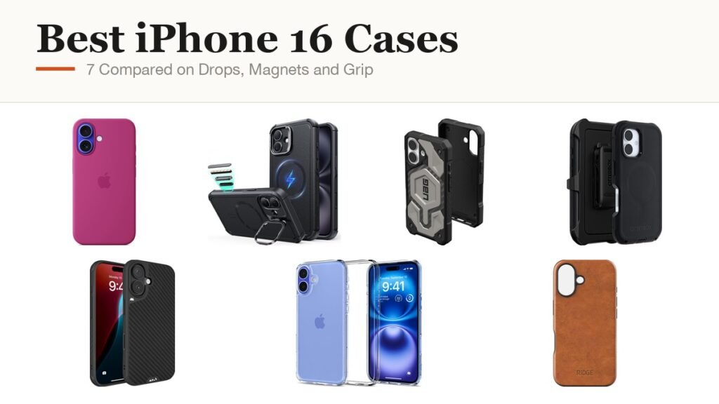 Best iPhone 16 Cases headline beside cases from Apple, ESR, UAG, OtterBox, Mous, Spigen and Ridge