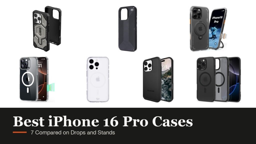 Best iPhone 16 Pro Cases headline beside cases from UAG, Pelican, Speck, TORRAS, Tech21, ESR and Spigen