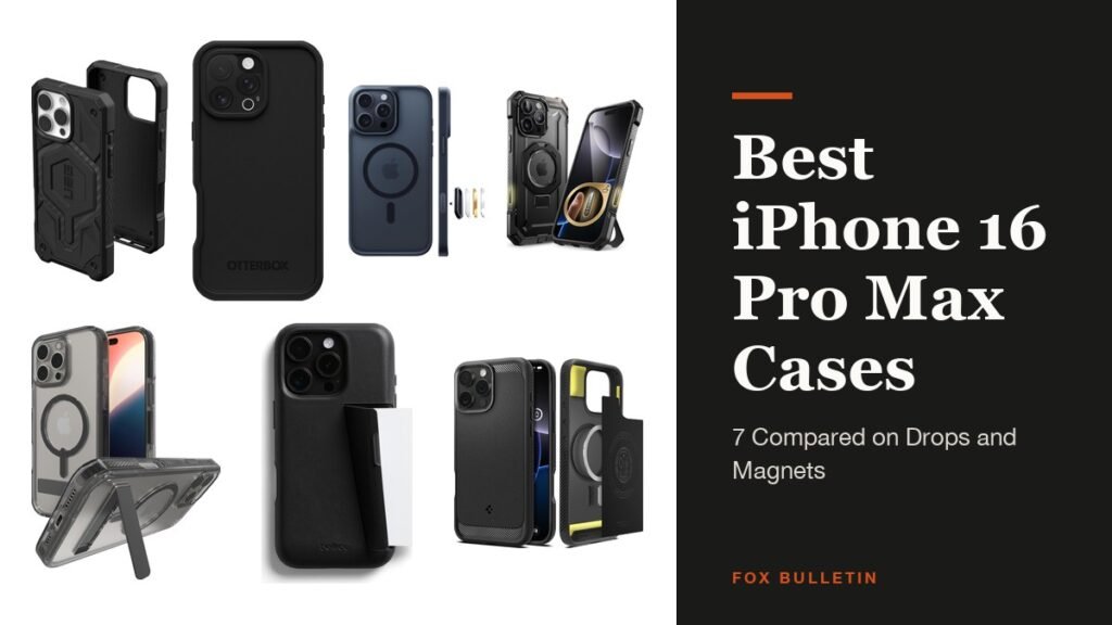 Best iPhone 16 Pro Max Cases headline beside cases from UAG, OtterBox, TORRAS, SUPCASE, ZAGG, Bellroy and Spigen
