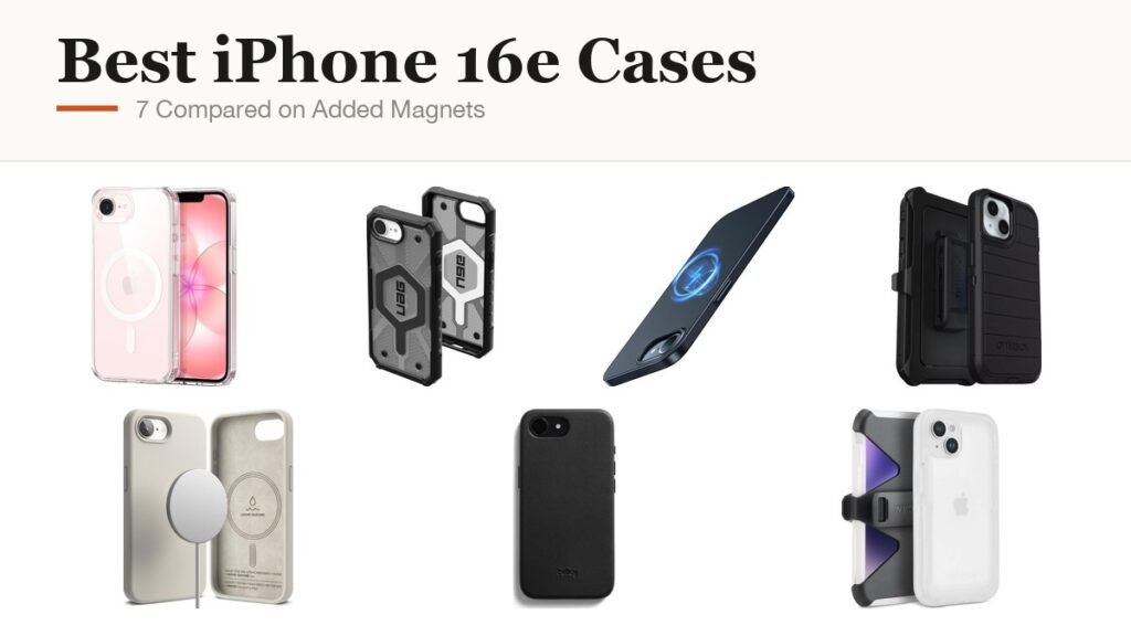 Best iPhone 16e Cases headline beside cases from ESR, UAG, TORRAS, OtterBox, Ringke, Bellroy and Pelican