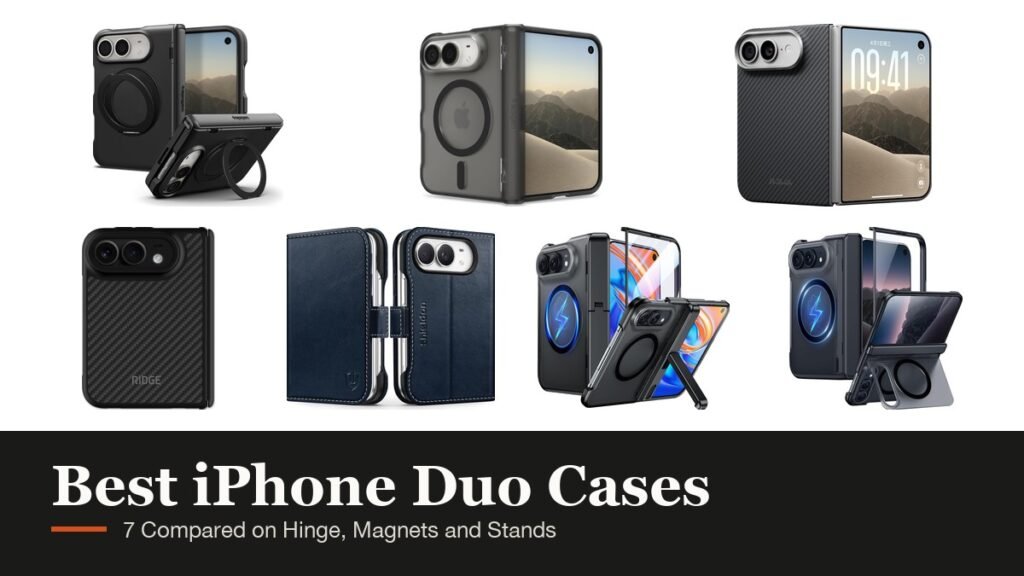 Best iPhone Duo Cases headline beside cases from Spigen, PITAKA, Ridge, SHIELDON, Temdan and Red2Fire
