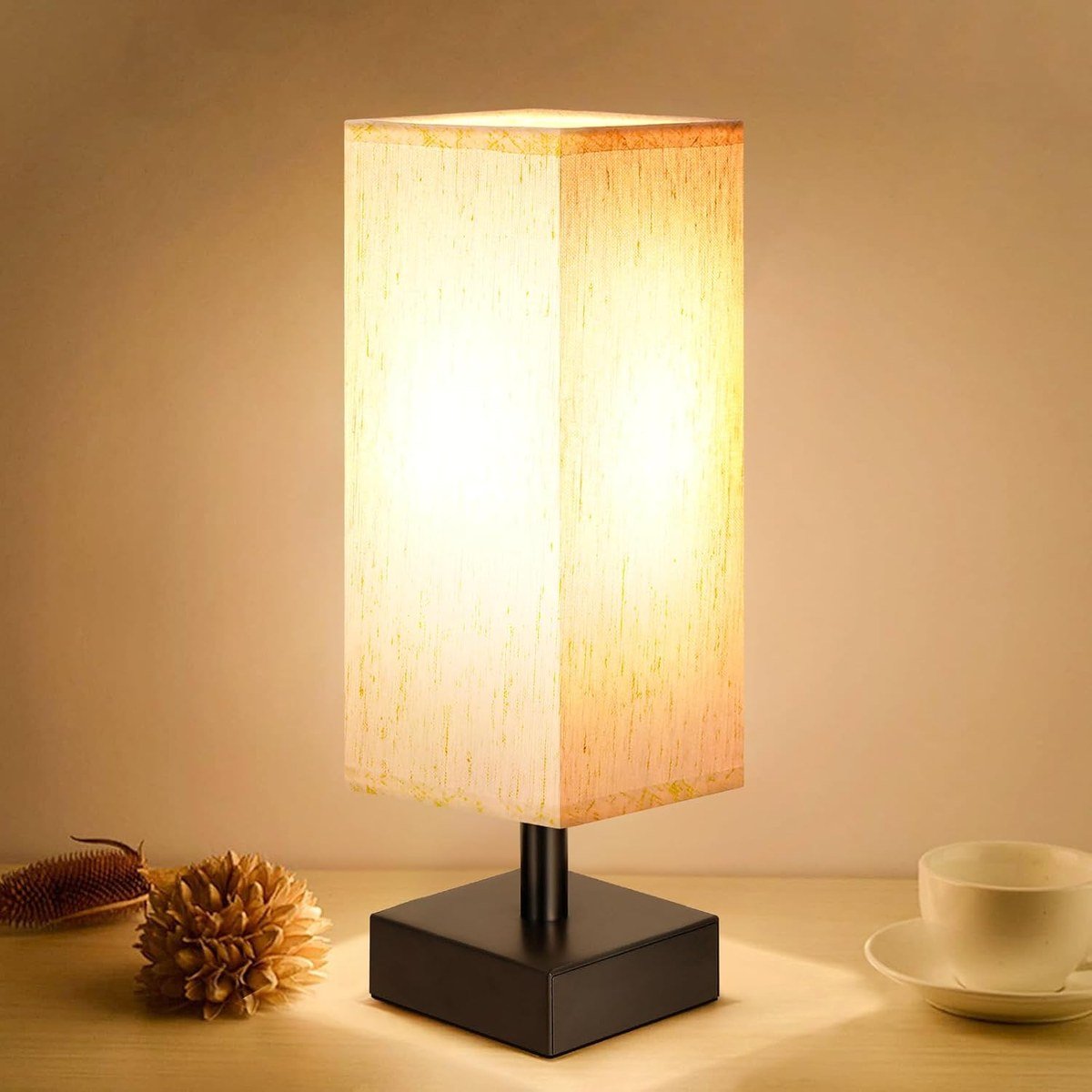 aooshine small bedside lamp with a square cream fabric shade