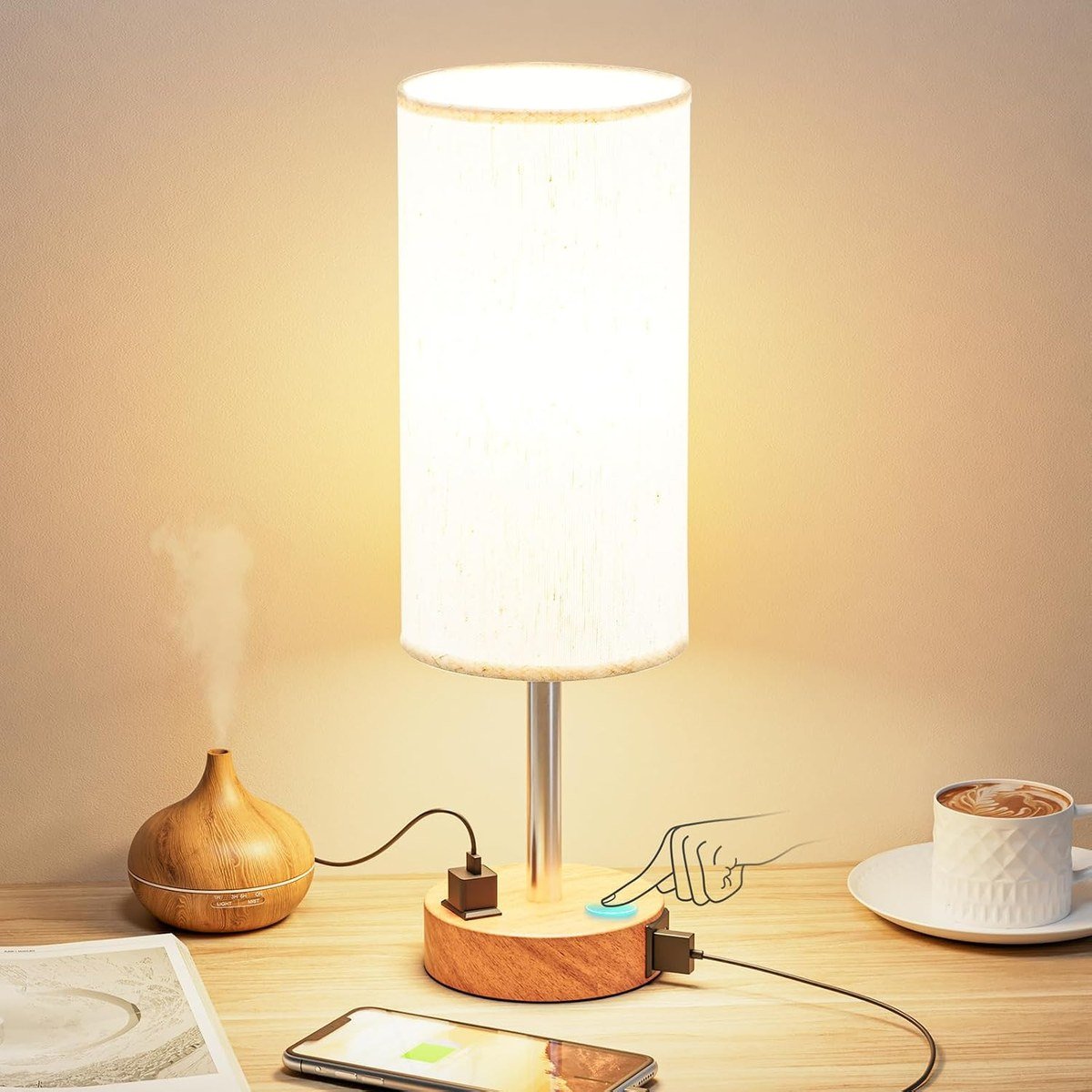 Fenmzee bedside table lamp with a cream shade and wood-grain base