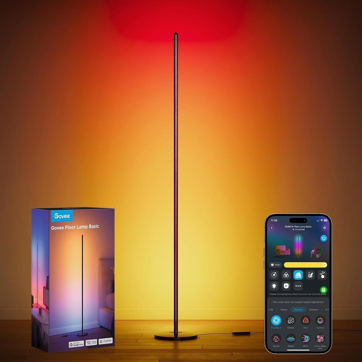 Govee RGBIC Floor Lamp Basic glowing in several colors in a corner