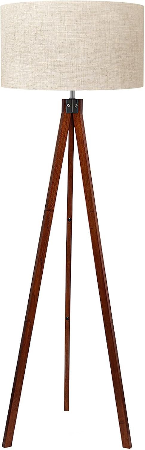 LEPOWER tripod floor lamp with wooden legs and a linen drum shade