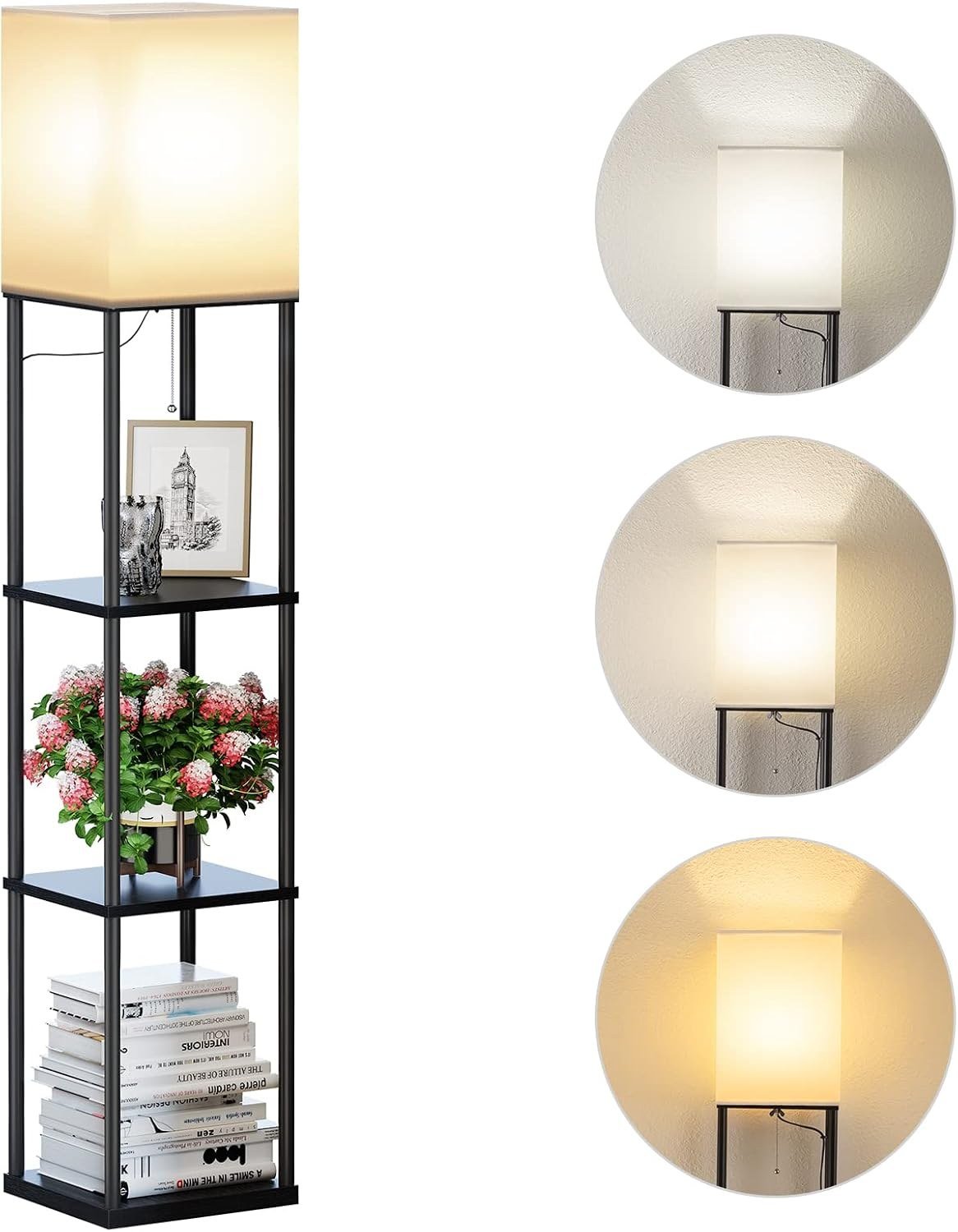 SUNMORY black floor lamp with three display shelves and a cloth shade