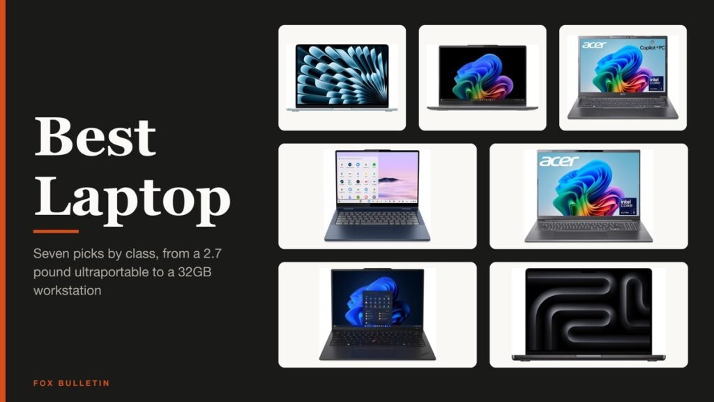 Best Laptop headline beside a collage of seven laptops from Apple, Lenovo and Acer