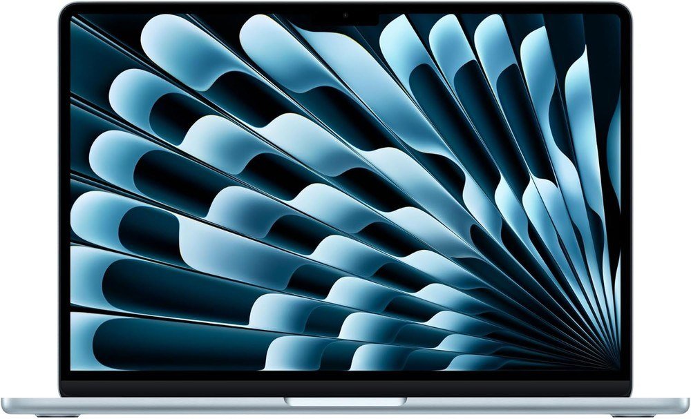 Apple MacBook Air 13-inch with M5 chip open to its wallpaper in Sky Blue