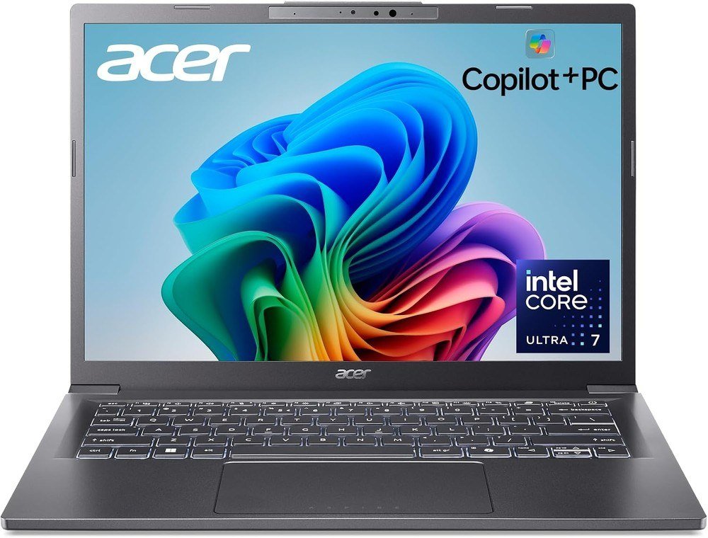 Acer Aspire 14 AI Copilot+ laptop open with the Windows wallpaper