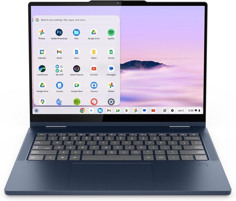 Lenovo Chromebook Plus 2-in-1 in blue showing the ChromeOS app launcher