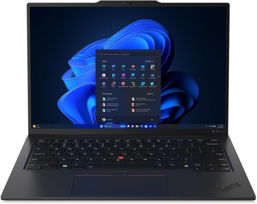 Lenovo ThinkPad X1 Carbon Gen 13 open with its keyboard and red TrackPoint visible