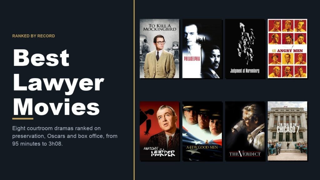 Best Lawyer Movies headline beside a wall of eight courtroom drama posters