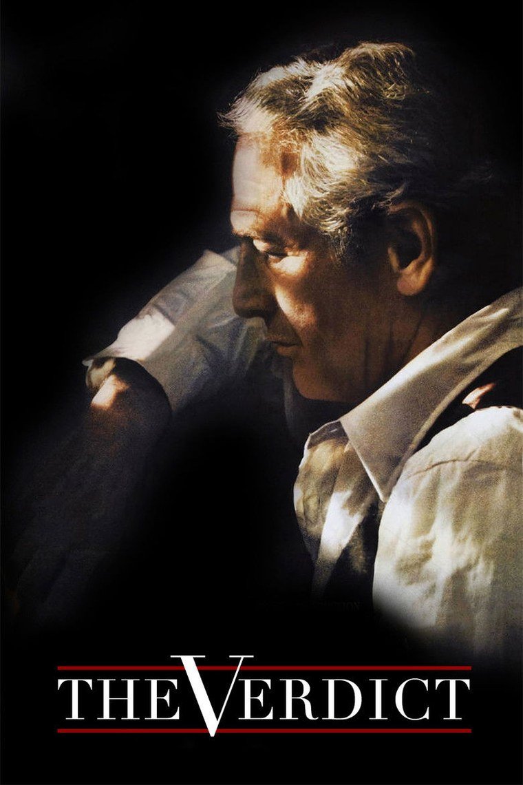 The Verdict poster showing a lone attorney in a dim Boston courtroom