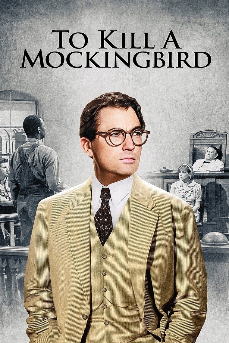 To Kill a Mockingbird poster showing a girl beside a lawyer on courthouse steps