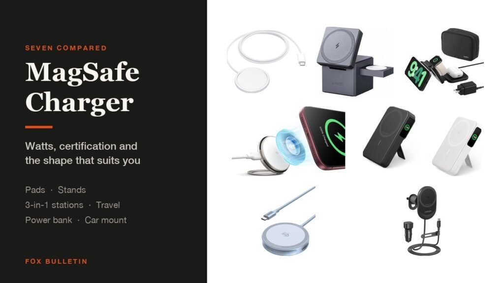 MagSafe Charger headline beside a lineup of seven magnetic chargers: Apple pad, ESR cooled stand, UGREEN pad, Anker 3-in-1 station, Belkin foldable travel charger, power bank and car mount
