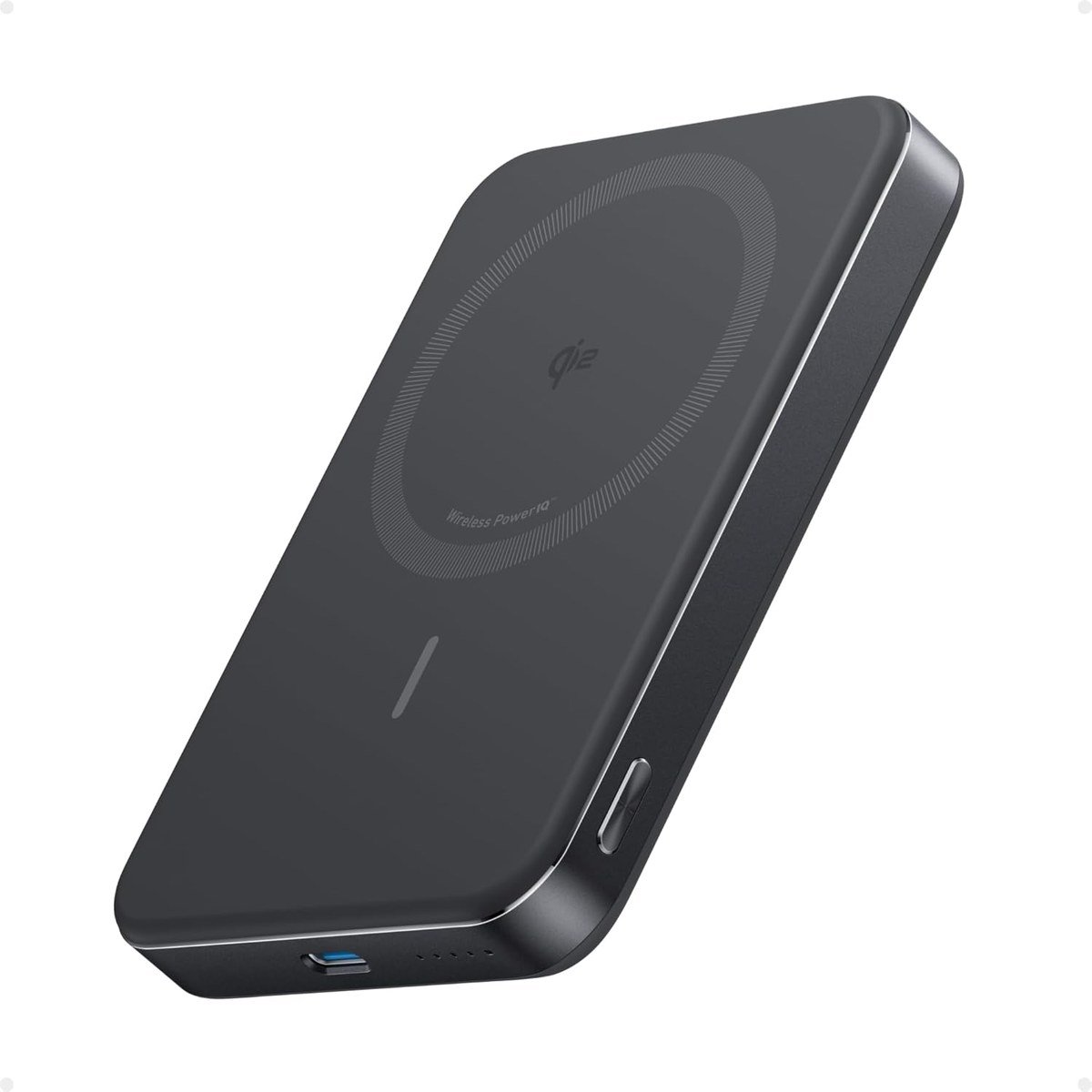 Anker MagGo 10K slim magnetic power bank attached to the back of an iPhone