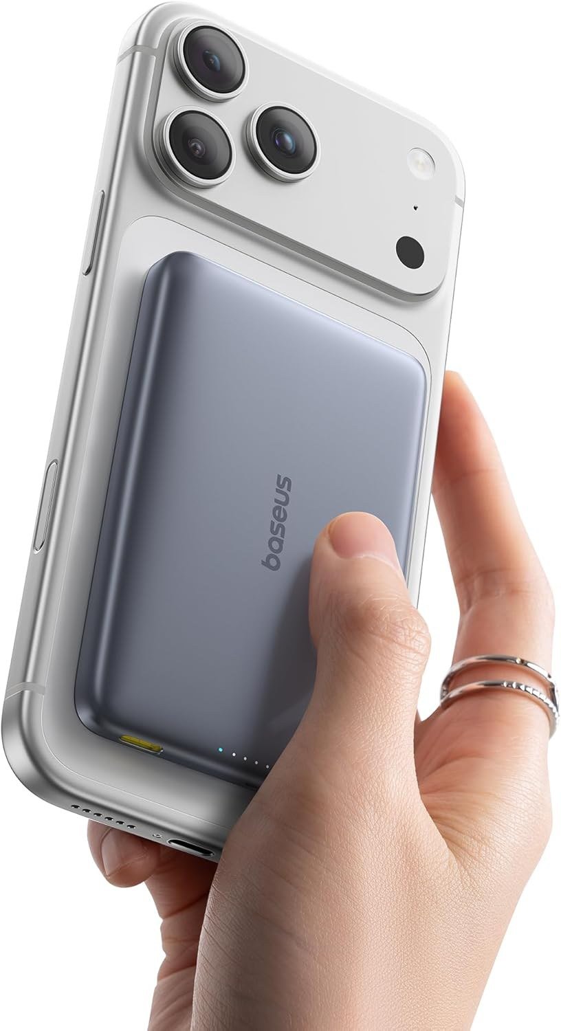 Baseus PicoGo slim Qi2 magnetic power bank shown edge-on to show its thickness