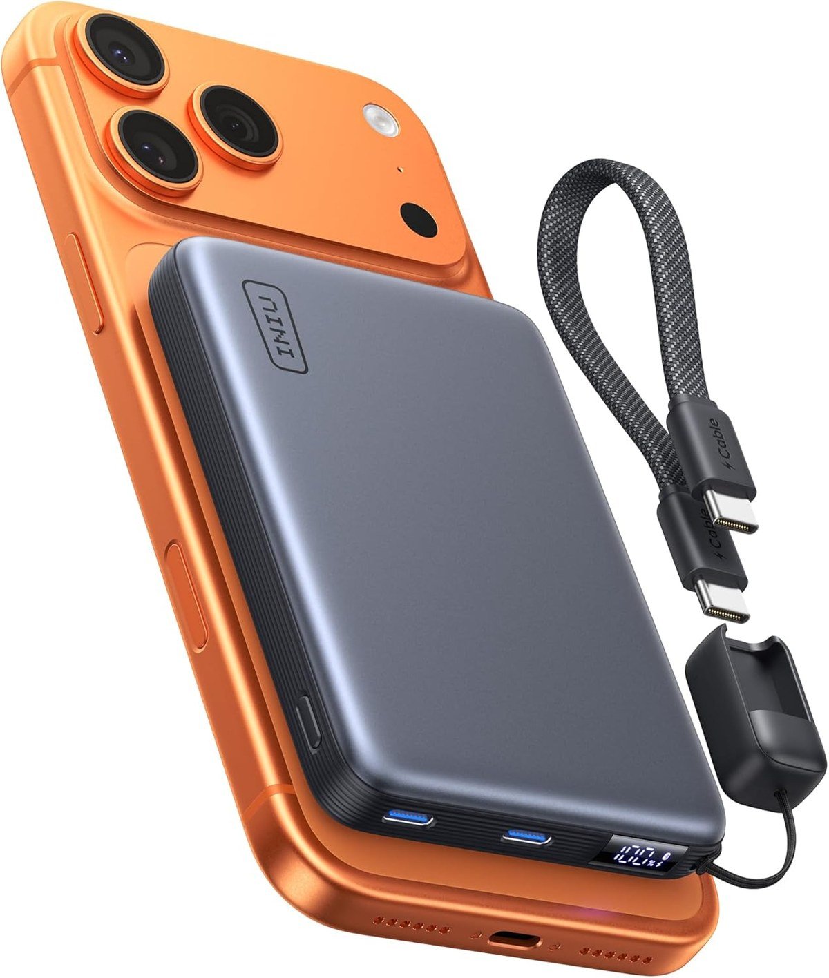 INIU Qi2.2 slim magnetic power bank with its digital battery display