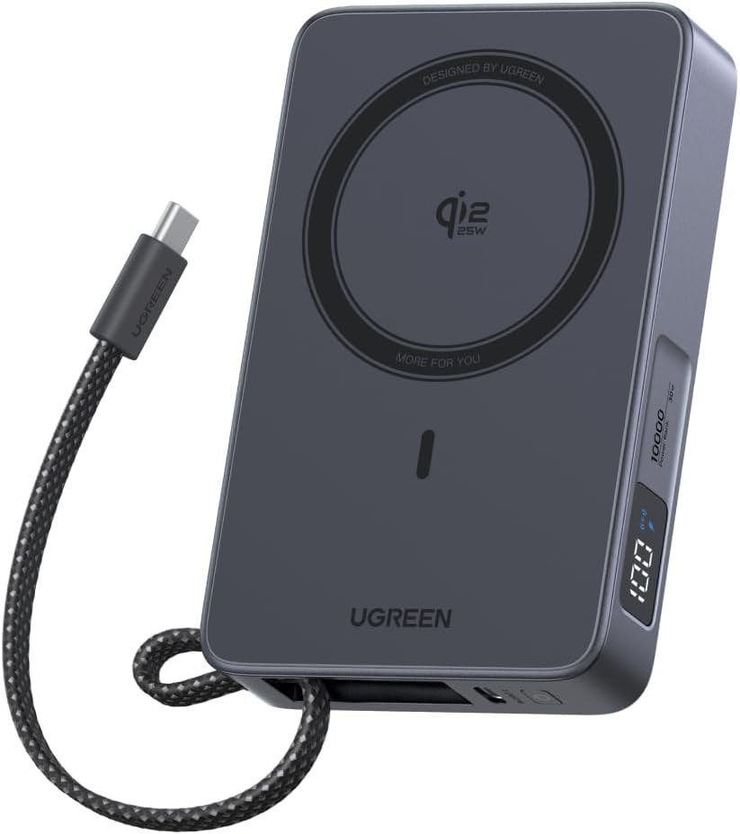 UGREEN MagFlow Qi2 25W power bank with its built-in USB-C cable looped as a strap