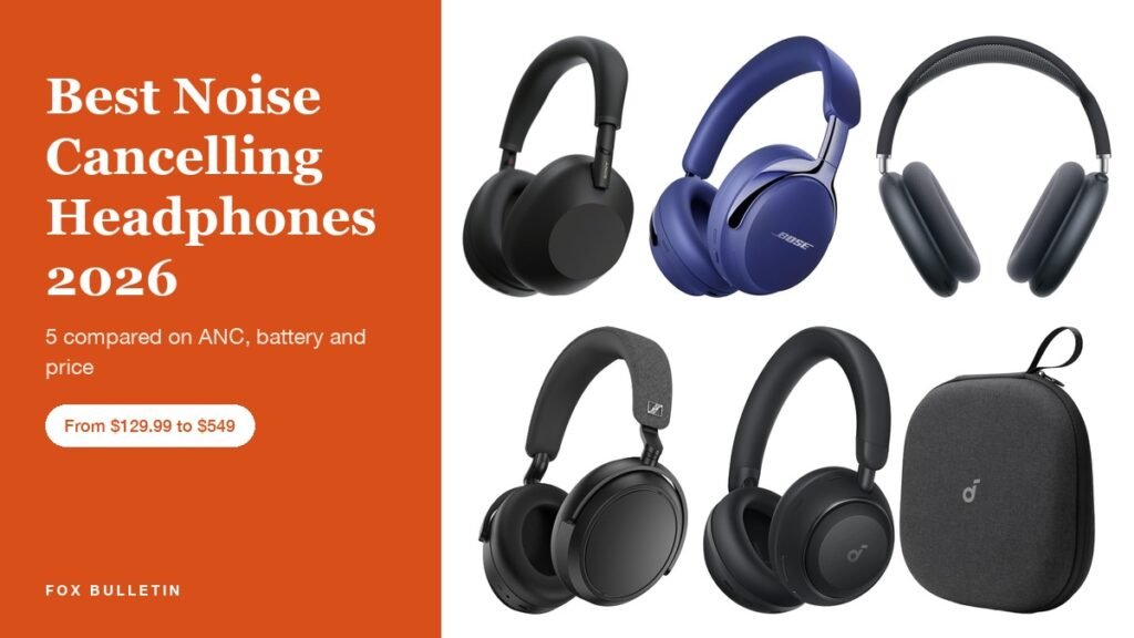 Best Noise Cancelling Headphones 2026 headline beside headphones from Sony, Bose, Apple, Sennheiser and Soundcore
