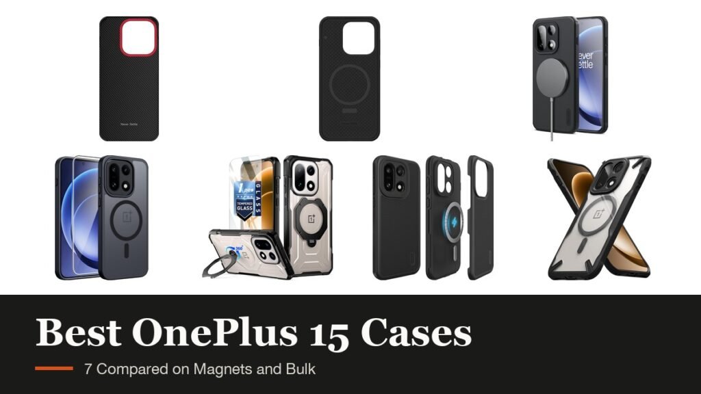 Best OnePlus 15 Cases headline beside cases from OnePlus, Nillkin, FNTCASE, Poetic, TUDIA and Ringke