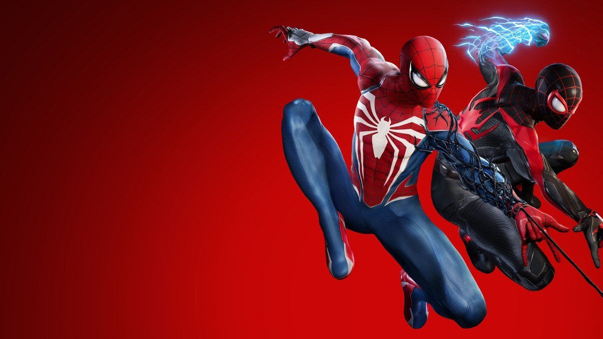 Peter Parker and Miles Morales in Spider-Man suits leaping together against a red background