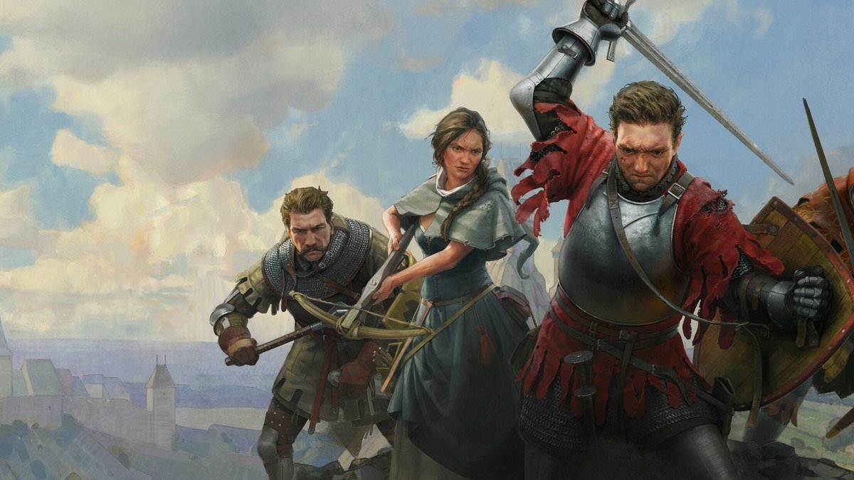 Henry in red and steel armour raising a sword beside two companions, a castle behind
