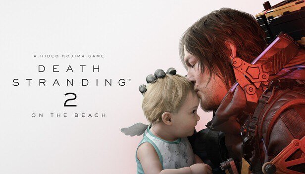 Sam Porter Bridges kissing the forehead of a toddler beside the Death Stranding 2 title