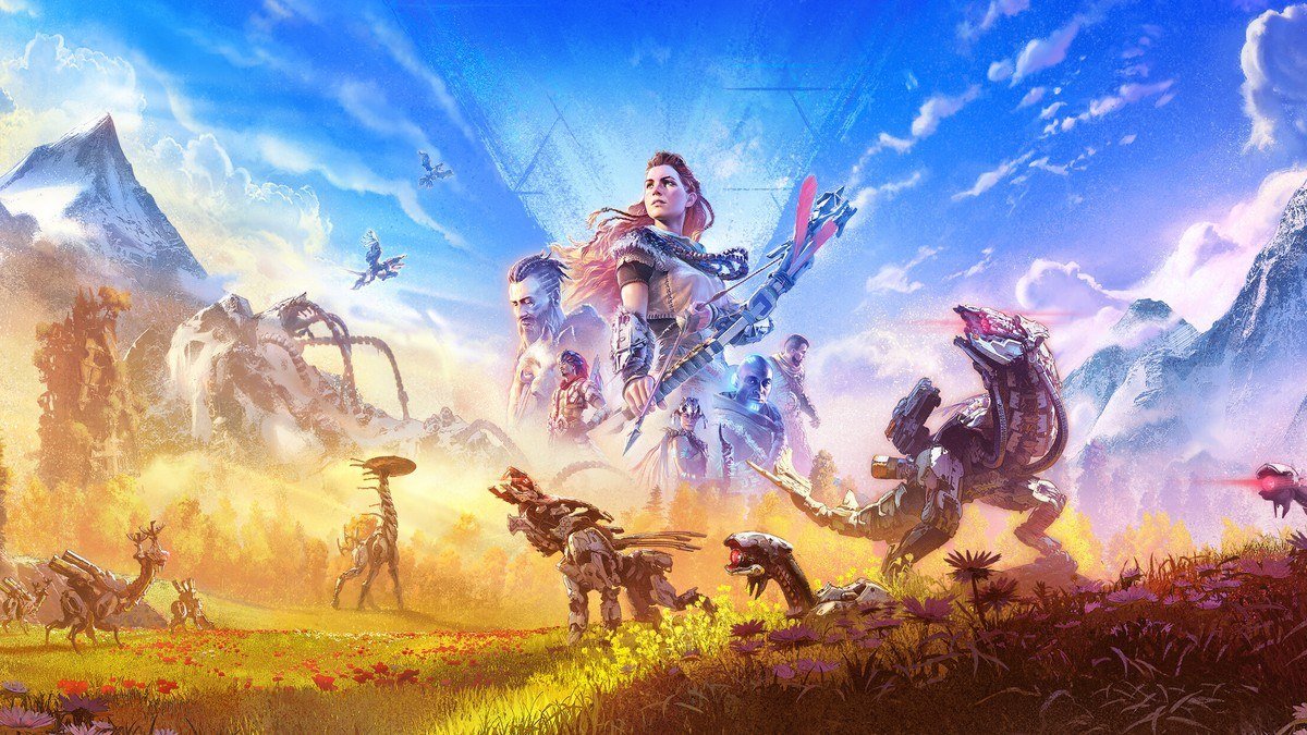 Aloy with a bow among tribespeople and robotic dinosaur machines in a bright grassland
