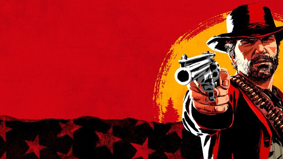 Arthur Morgan in a hat and bandolier aiming a revolver against a red sky and black hills