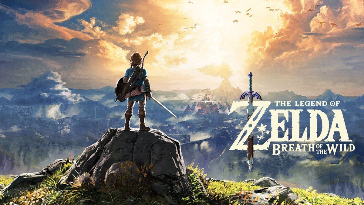 Link standing on a rocky outcrop overlooking Hyrule at sunrise beside the Breath of the Wild logo