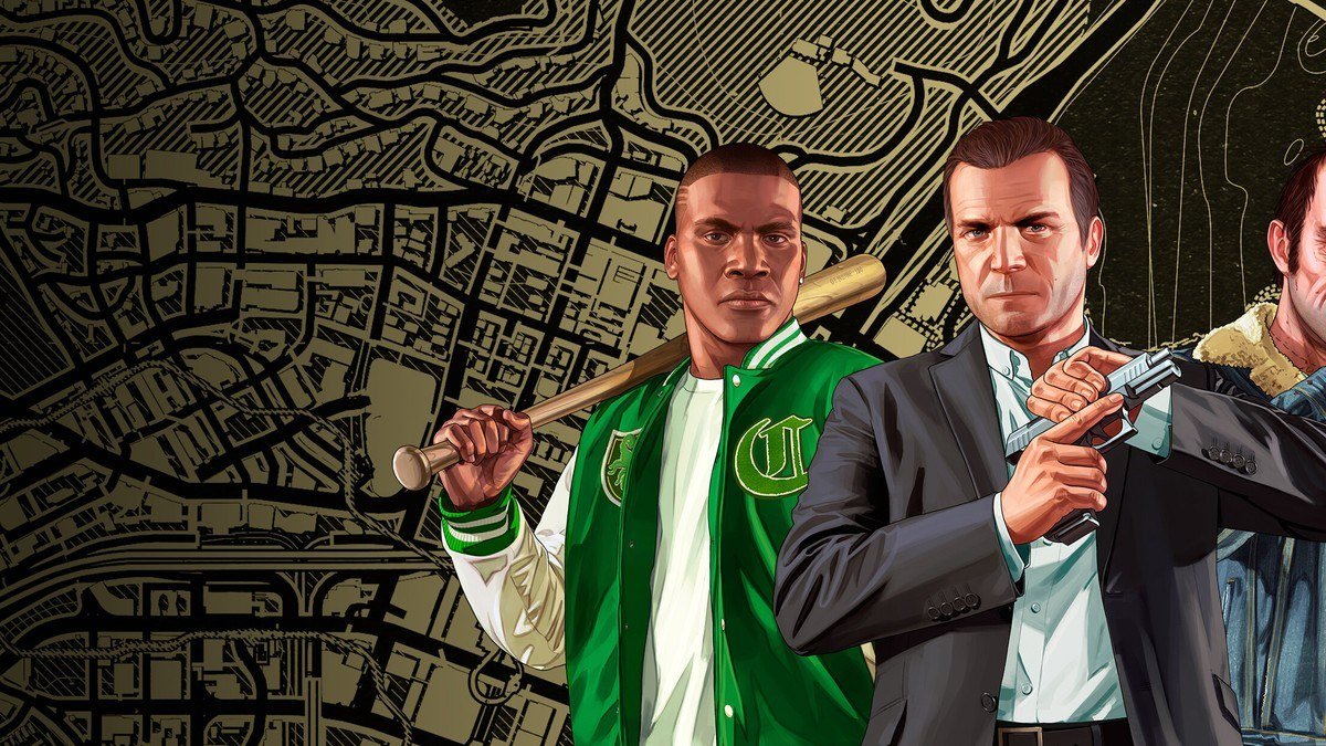 Franklin with a baseball bat and Michael holding a pistol in front of a gold Los Santos map