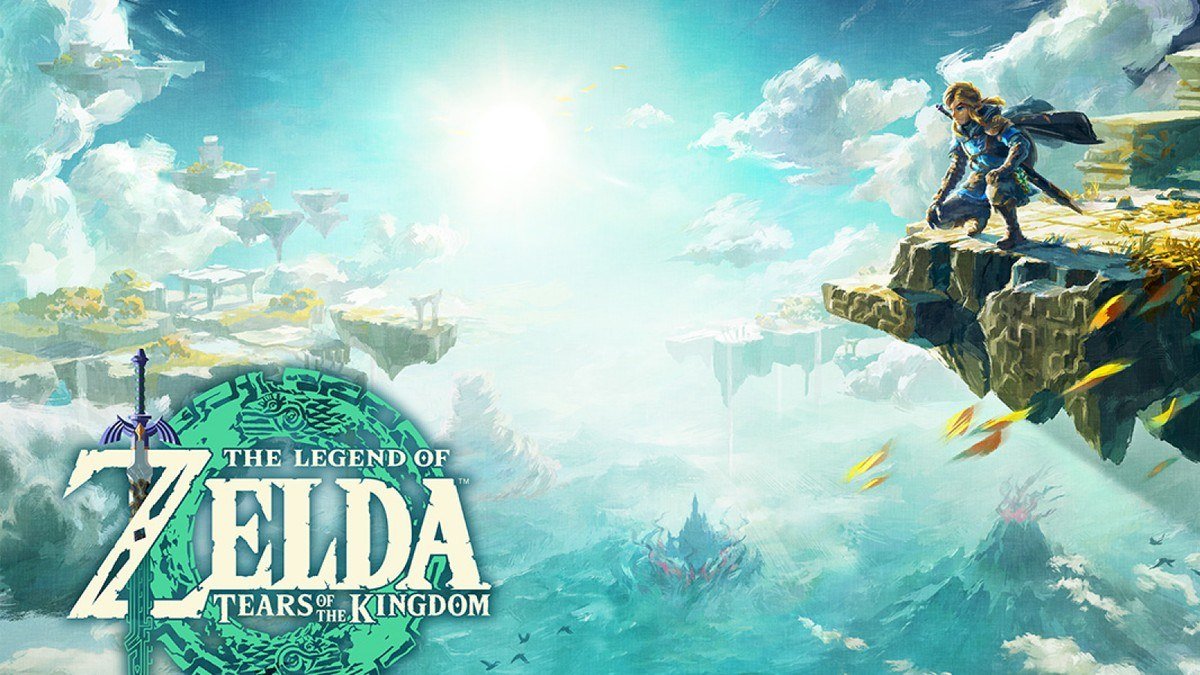 Link crouching on a floating sky island above clouds and Hyrule, with the Tears of the Kingdom logo