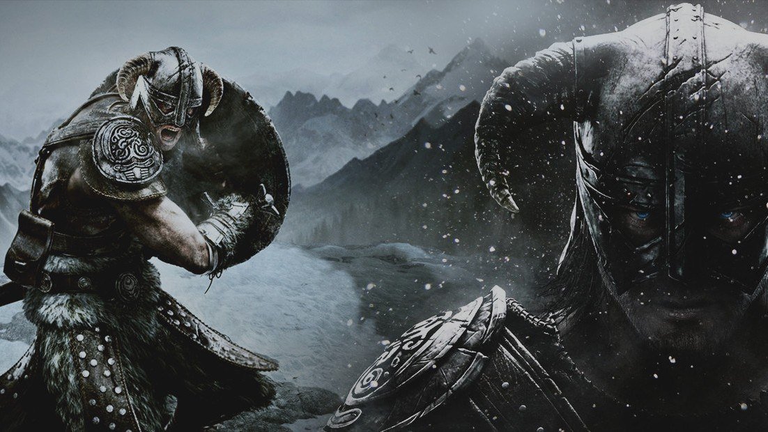 Two horned-helmet Nord warriors with shields facing each other in falling snow before mountains