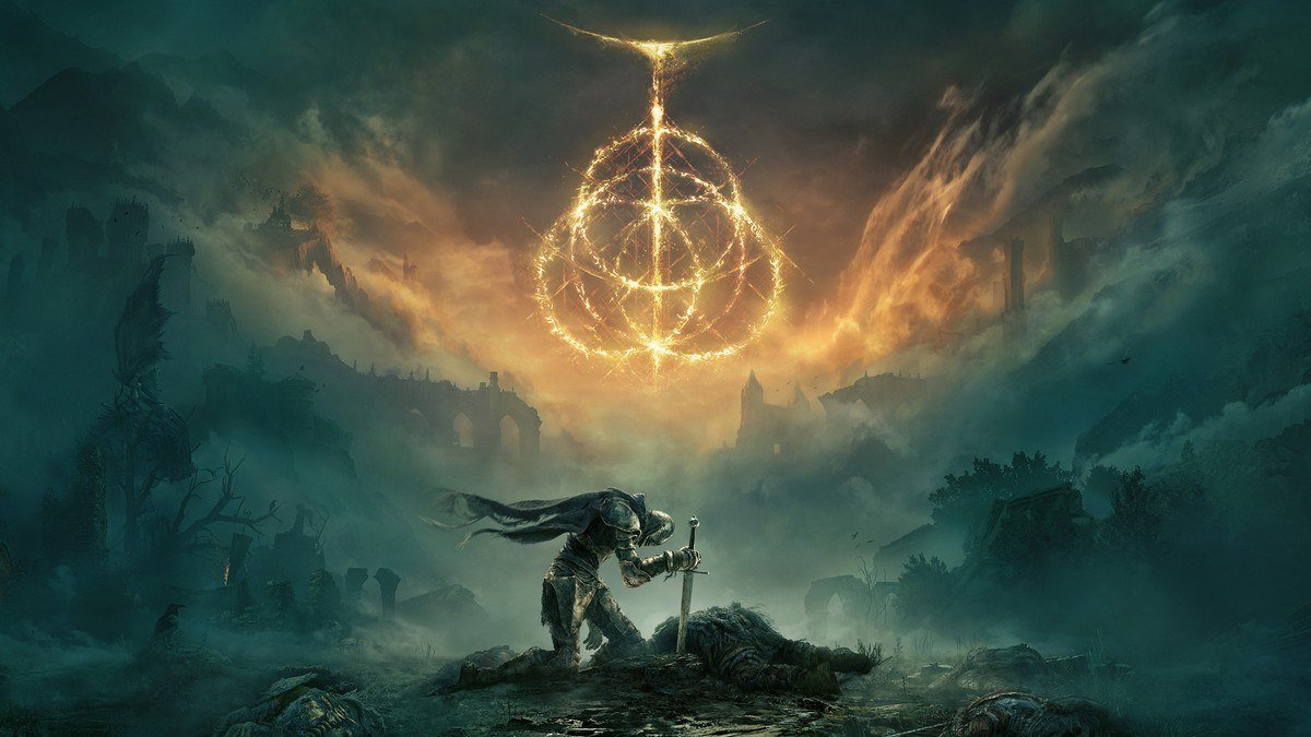 A warrior kneeling on a dark ridge beneath a glowing golden ring symbol in the sky