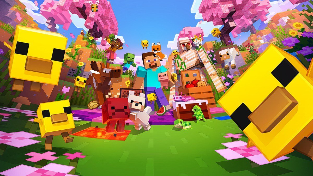 Steve surrounded by blocky chicks, sheep and pigs among pink cherry blossom trees