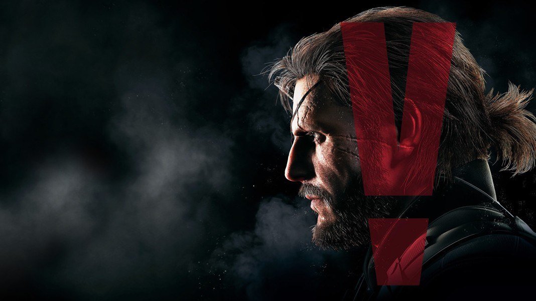 Profile of Venom Snake with an eyepatch beside a large red V on a dark background