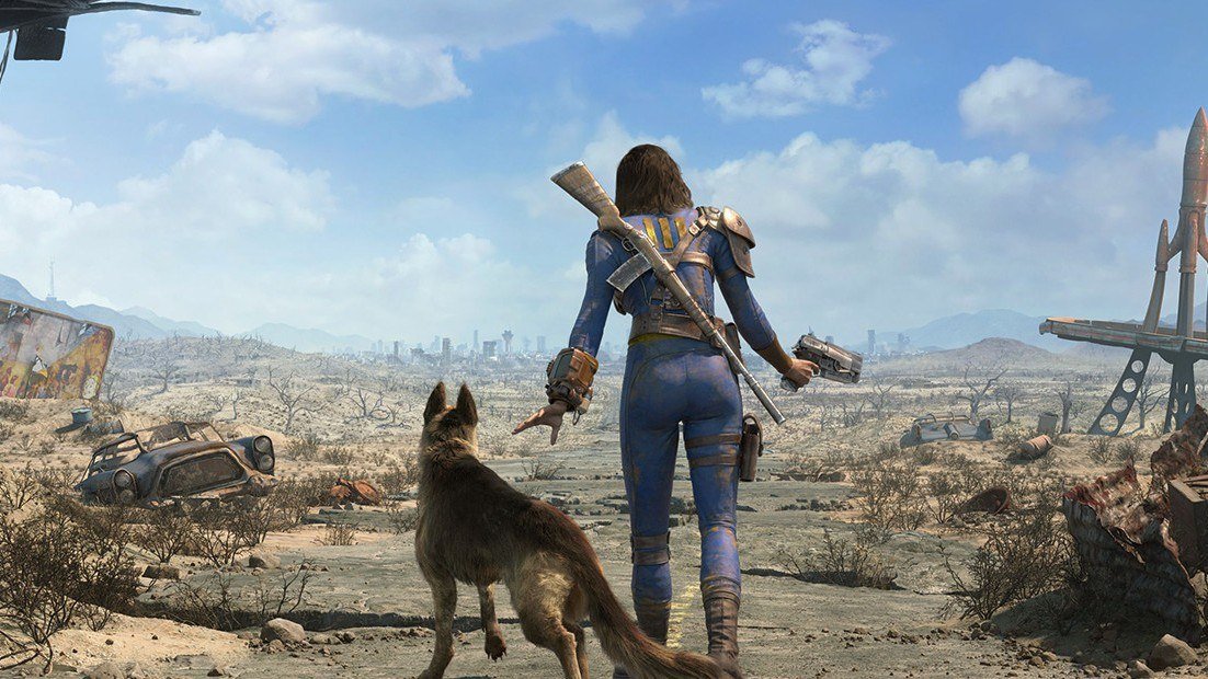 A Vault Dweller in a blue Vault 111 suit with a rifle and Dogmeat looking over the Boston wasteland