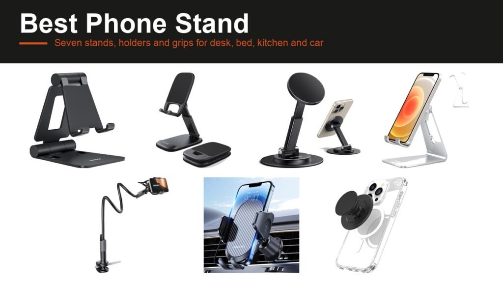 Seven phone stands and holders lined up on white