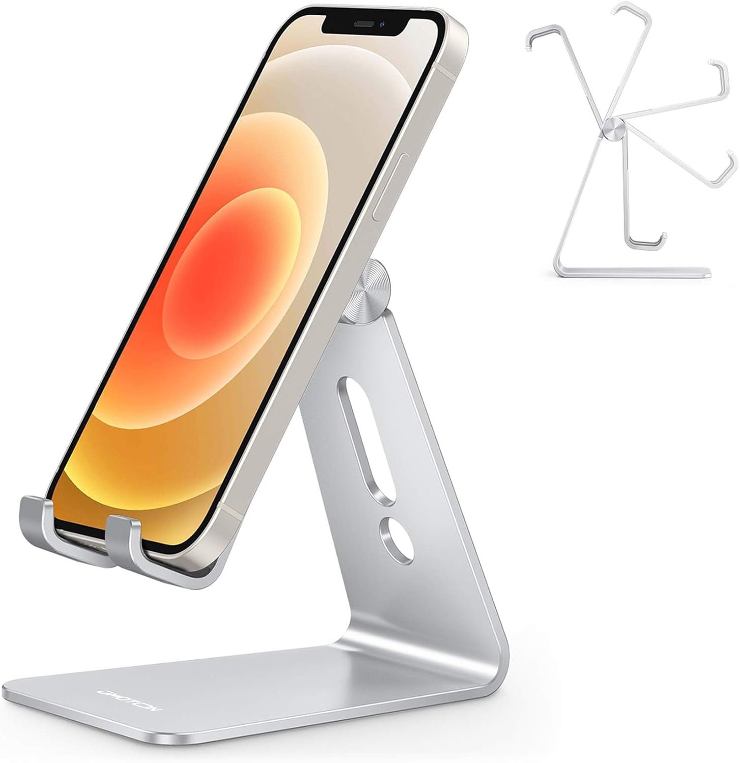 OMOTON C2 aluminium phone stand in silver with a charging cutout