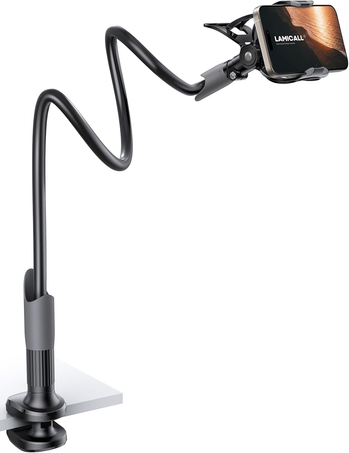 Lamicall gooseneck phone holder clamped to a bed frame