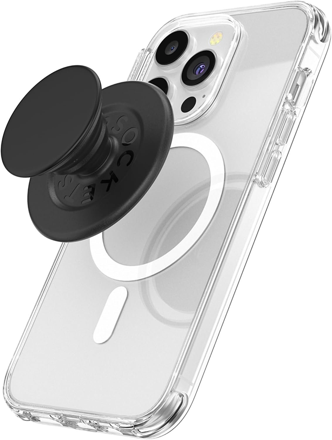 PopSockets magnetic phone grip attached to the back of a clear case