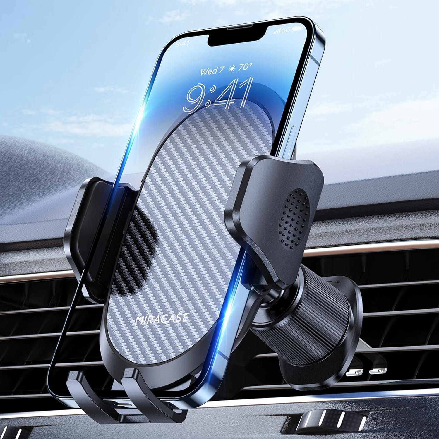 Miracase air vent car phone mount holding a phone on a dashboard vent