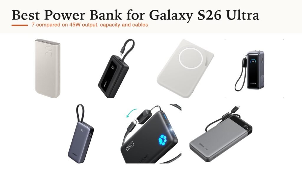 Best power bank for Galaxy S26 Ultra: Samsung, UGREEN, Anker, INIU and EcoFlow power banks on white