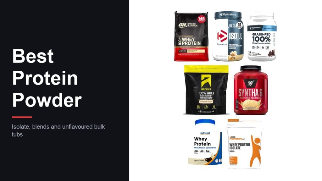 Best protein powder lineup: Optimum Nutrition, Dymatize ISO100, Transparent Labs, Ascent, BSN and Nutricost tubs