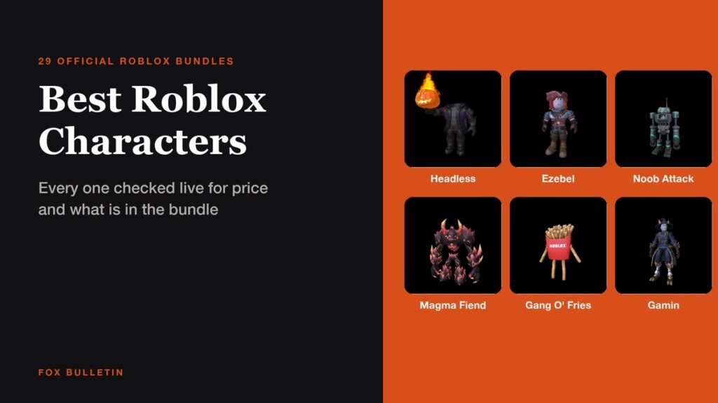 Graphic titled Best Roblox Characters showing the Headless Horseman, Ezebel, Noob Attack, Magma Fiend, Gang O Fries and Gamin bundle renders