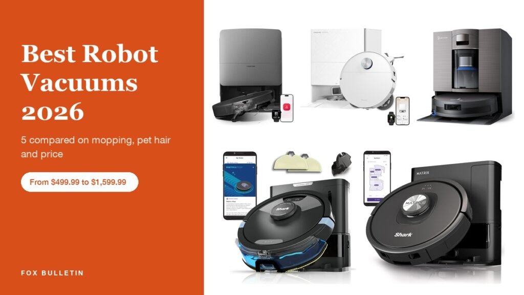 Best Robot Vacuums 2026 headline beside robot vacuums from Roborock, Dreame, Ecovacs and Shark